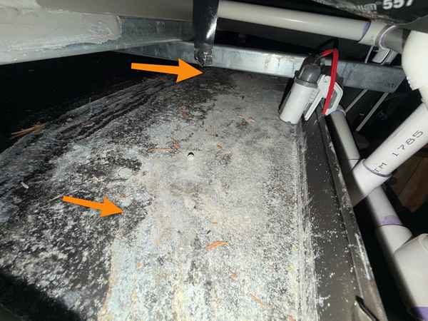 Charola de goteo secundaria de la manejadora de aire con óxido y depósitos minerales blancos, marcada con flechas naranjas