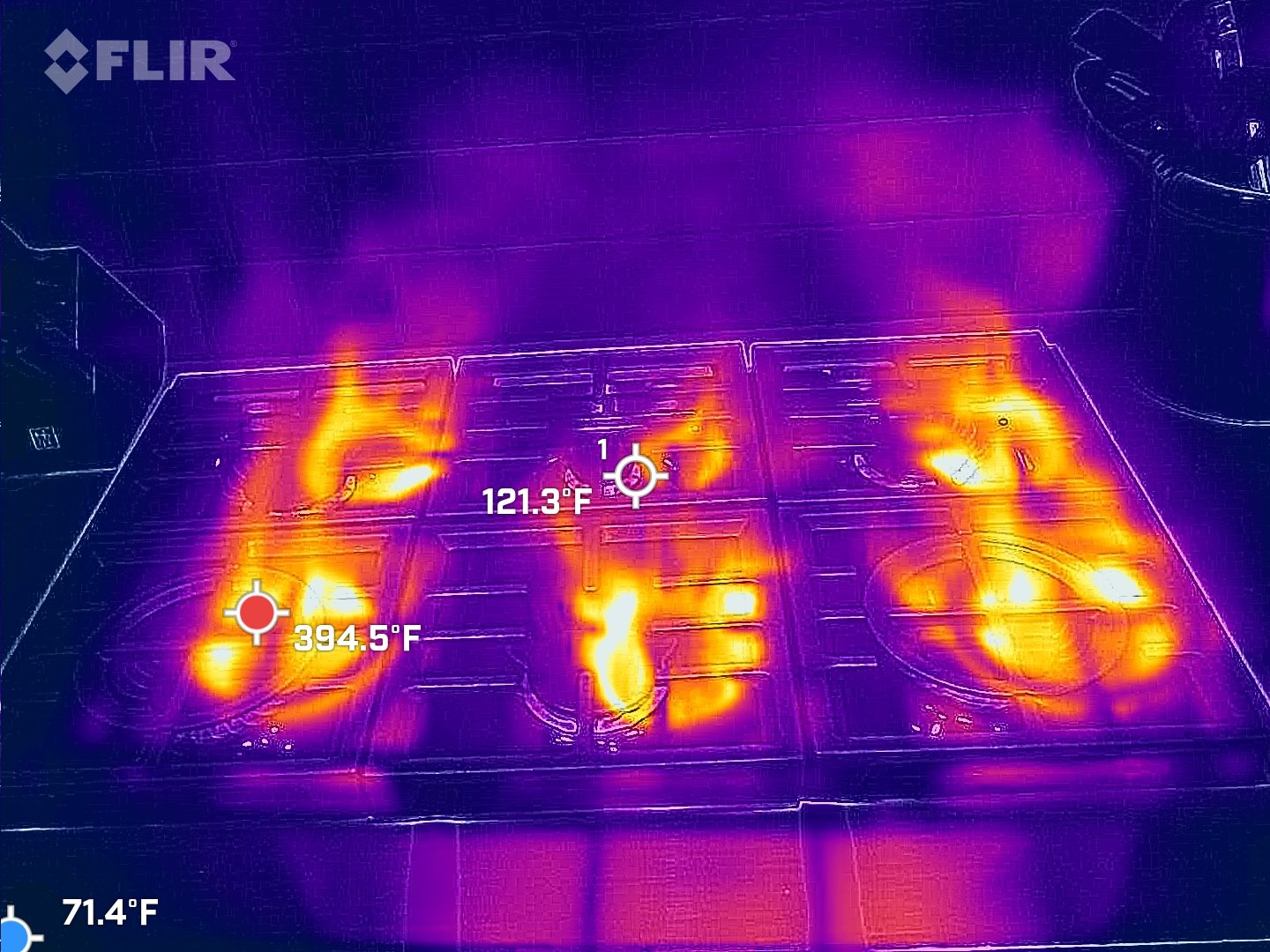 Imagen térmica de todos los quemadores de una estufa de gas prendidos