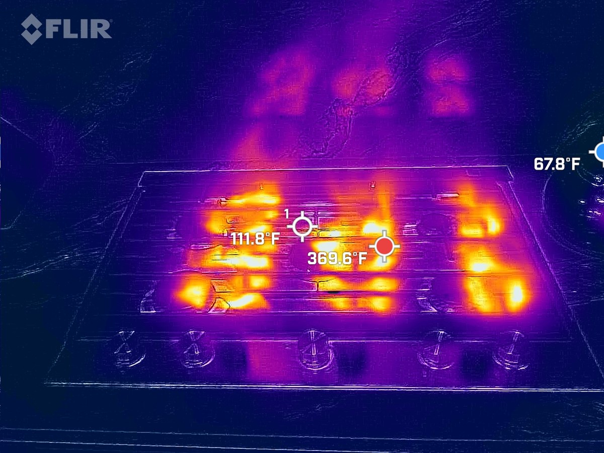 FLIR thermal image of a gas cooktop with all burners lit, reading up to 369.6°F