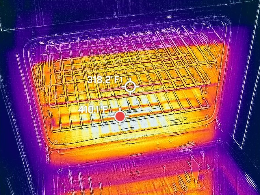 FLIR thermal image of an oven interior heating, with racks reading 318°F to 410°F