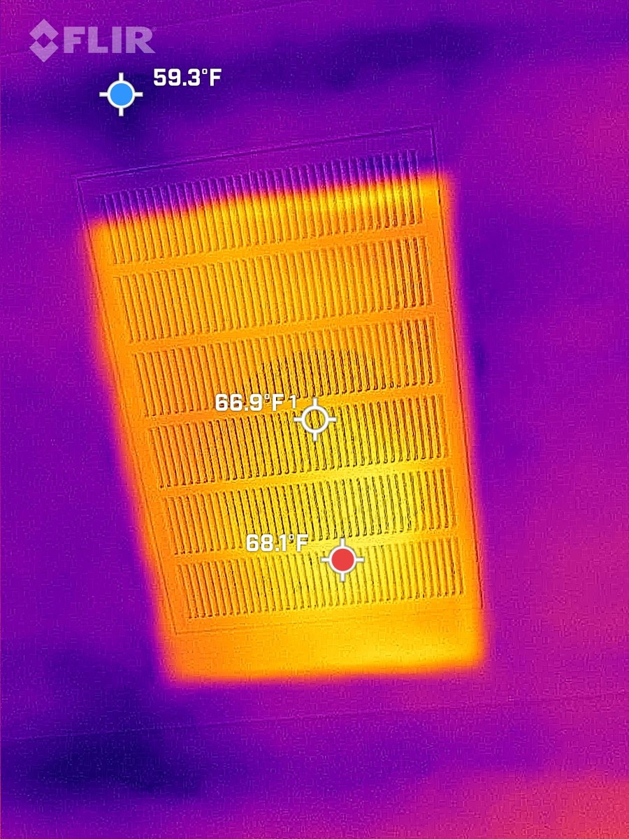 FLIR thermal image of a return-air grille reading about 67–68°F against a 59.3°F surrounding wall